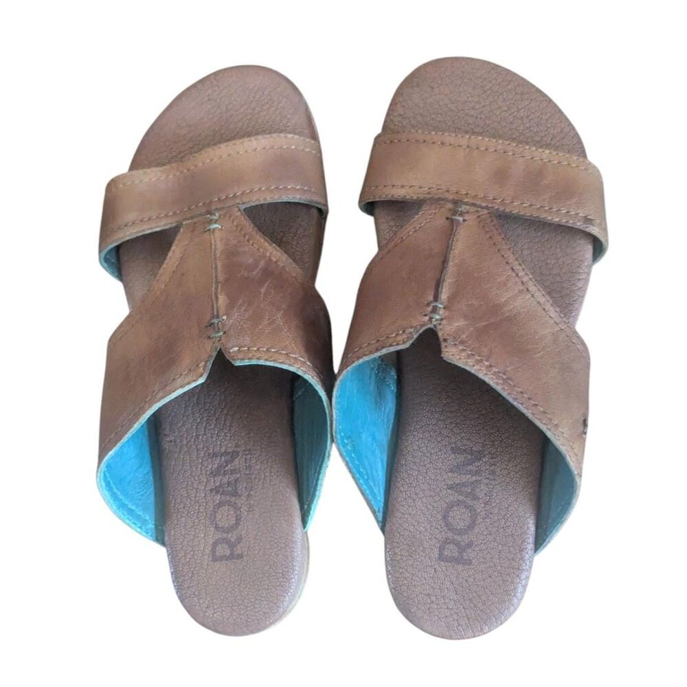 ROAN Leather Slide Sandals US 6.5 Camel Tan Flats Boho Cottagecore Boho